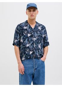 Jack & Jones JACK & JONES Herren Kurzarmhemd "JJEJEFF TROPICAL AOP RESORT SHIRT SS SN", blau, modisch, Gr. M, bedruckt, Web, Obermaterial: 100% Viskose, Hemden,