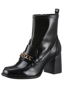 Tamaris Damen Stiefelette, Gr. 41, schwarz, Lederimitat, unifarben, glänzend, modisch, Schuhe, Blockabsatz, Partyschuh mit eleganter Zierkette und