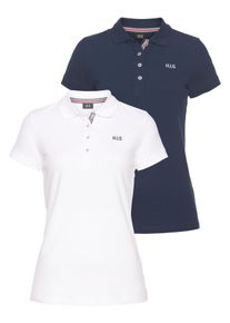 H.I.S. H.I.S Damen Poloshirt, blau, casual, Gr. 46, unifarben, clean, bestickt, Obermaterial: 95% Baumwolle, 5% Elasthan, Shirts, Kurzarm, figurbetonte