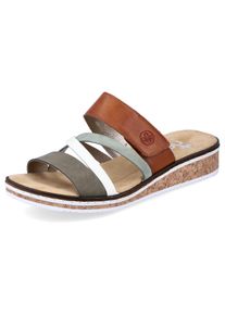 Rieker Damen Pantolette, Gr. 38, grün, Lederimitat, mehrfarbig, klassisch, Schuhe, Keilabsatz, Sommerschuh, Schlappen mit Klettriemchen
