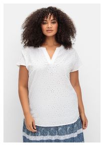 sheego Damen Tunika "Große Größen", weiß, feminin, Gr. 52, unifarben, Obermaterial: 100% Baumwolle, Tuniken, mit kurzen Ärmeln und Lochstickerei