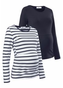 Neun Monate Damen Umstandsshirt "2er Pack Shirts für Schwangerschaft und Stillzeit", blau, Basic, Gr. 44, unifarben, geringelt, Jersey, Obermaterial: