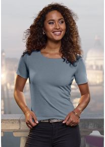 Lascana Damen Rundhalsshirt "mit feiner Glitzereinfassung", blau, feminin, Gr. 32, unifarben, Glanzfaden, Feinstrick, Obermaterial: 62% Polyester