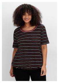 sheego Damen Rundhalsshirt "Große Größen", schwarz, casual, Gr. 56, gestreift, Obermaterial: 100% Baumwolle, Shirts, mit Gummizugbund