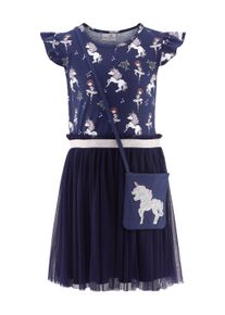 happy girls Mädchen Midikleid, blau, casual, Gr. 116, bedruckt, Jersey, Obermaterial: 95% Baumwolle, 5% Elasthan. Futter: 100% Polyester. Unterteil: