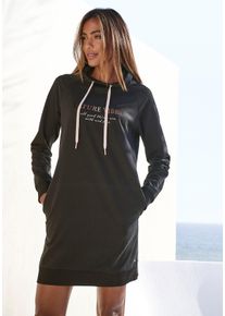 Lascana Damen Sweatkleid, Gr. 36, schwarz, Sweatware, Obermaterial: 50% Baumwolle, 50% Polyester, bedruckt, unifarben, casual, Kleider, mit Kapuze