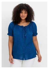 Damen Kurzarmbluse "Große Größen", blau, feminin, Gr. 54, sheego by Joe Browns, unifarben, Obermaterial: 100% Baumwolle, Blusen, mit Lochstickerei