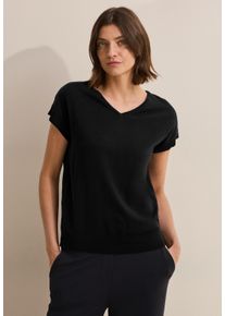 Cecil Damen Kurzarmpullover, schwarz, casual, Gr. M, unifarben, Web, Stoff, 50% Baumwolle, 50% Polyacryl, Pullover, mit V-Ausschnitt