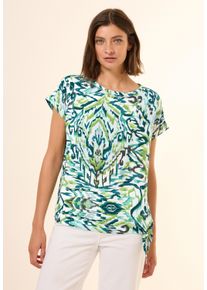 Cecil Damen Kurzarmbluse, grün, casual, Gr. L, bedruckt, Web, 55% Leinen, 45% Viskose, Blusen, mit Knotendetail am Saum