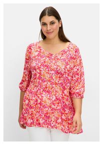 sheego Damen Druckbluse "Große Größen", pink, feminin, Gr. 52, gemustert, Obermaterial: 100% Viskose, Blusen, mit weitem Ausschnitt und Volant am Saum