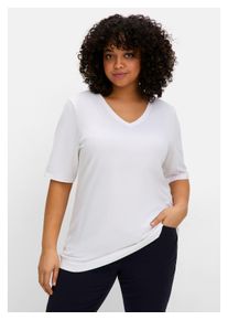 sheego Damen T-Shirt "Große Größen", weiß, casual, Gr. 50, unifarben, Obermaterial: 95% Baumwolle, 5% Elasthan, Shirts, mit V-Ausschnitt, leicht
