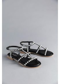 ANISTON SHOES Damen Riemchensandale, Gr. 38, schwarz, Lederimitat, modisch, Schuhe, Sommerschuh, Sandale, Blockabsatz, Zierperlen - NEUE KOLLEKTION