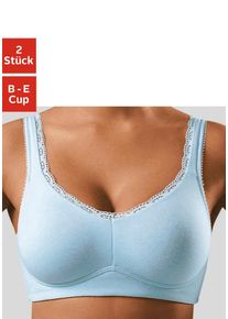 Petite Fleur Damen Soft-BH, Gr. 90, blau, Jersey, Obermaterial: 85% Baumwolle, 10% Polyamid, 5% Elasthan, Basic, BHs, ohne Bügel, mit Spitzenkante
