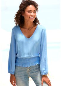 Buffalo Damen Langarmbluse, blau, modisch, Gr. 38, unifarben, Web, Obermaterial: 100% Viskose, Blusen, mit breitem Smoksaum, sommerliche Damenbluse
