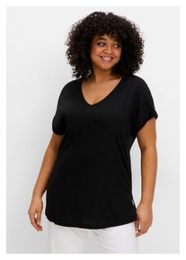 sheego Damen T-Shirt "Große Größen", schwarz, casual, Gr. 48, unifarben, Obermaterial: 50% Baumwolle, 50% Viskose, Shirts, mit V-Ausschnitt, aus