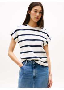 Tommy Hilfiger Damen Kurzarmshirt "GOLD BUTTON MDRN C-NK SS TEE"ivory silk, schwarz night navy stp, casual, Gr. S, gestreift, Single Jersey,