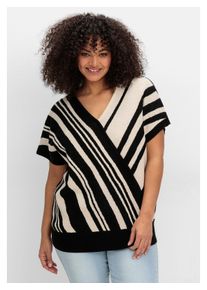 sheego Damen V-Ausschnitt-Pullover "Große Größen", schwarz, casual, Gr. 52, gestreift, Feinstrick, Obermaterial: 100% Polyacryl, Pullover, mit