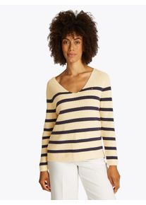 Tommy Hilfiger Damen Strickpullover "CO CARDI STITCH V-NK LS", weiß, casual, Gr. L, gestreift, Strick, Obermaterial: 100% Baumwolle, Pullover, mit