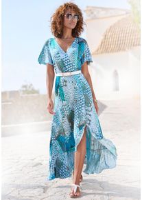 Buffalo Damen Maxikleid, blau, modisch, Gr. 36, bedruckt, animal-print, Jersey, Obermaterial: 100% Viskose, Kleider, im Vokuhila-Schnitt, Schlitz und