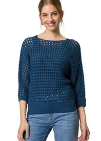 Zero Damen Strickpullover "Zero Pullover mit Lochmuster", blau, casual, Gr. 36, unifarben, Strick, Obermaterial: 50% Baumwolle, 50% Polyacryl.
