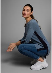Laura Scott Damen Longpullover, blau, casual, Gr. 32, kontrastfarbene Details, unifarben mit Farbeinsatz, Feinstrick, Obermaterial: 70% Viskose, 30%