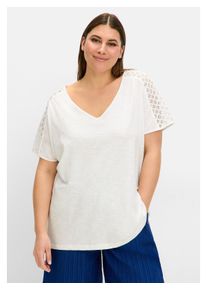 sheego Damen T-Shirt "Große Größen", beige, feminin, Gr. 40, unifarben, Obermaterial: 50% Baumwolle, 50% Viskose, Shirts, mit Spitze und