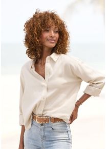 Buffalo Damen Hemdbluse, beige, modisch, Gr. 34, unifarben, Web, Obermaterial: 55% Leinen, 45% Viskose, Blusen, mit Leinenanteil, luftige