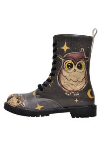 DOGO Damen Schnürboots "Zipsy Owls Family Damen Stiefel / Female", Gr. 39, schwarz, Lederimitat, Schuhe, Vegan