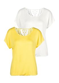 Vivance Damen Kurzarmshirt "mit Häkelspitze am Rücken", gelb, modisch, Gr. 32, unifarben, Single Jersey, Obermaterial: 95% Viskose (LENZING ECOVERO),