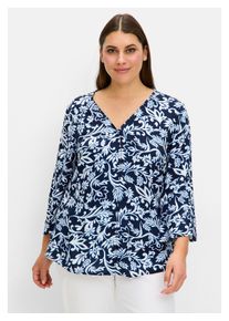 sheego Damen Druckbluse "Große Größen", blau, feminin, Gr. 48, gemustert, Obermaterial: 100% Viskose, Blusen, mit 3/4-Trompetenärmeln