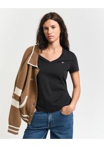 Gant Damen T-Shirt "REG SHIELD KA V-NECK T-SHIRT", schwarz, Basic, Gr. XXL, Jersey, Obermaterial: 100% Baumwolle, Shirts, mit einer kleinen