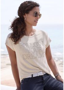 Lascana Damen Rundhalsshirt "mit Schriftzug aus Strasssteinen", beige, feminin, Gr. 32, Glitzermuster, unifarben mit Farbeinsatz, Single Jersey,