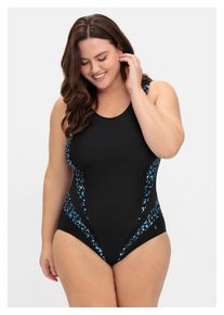sheego Damen Badeanzug "Große Größen", schwarz, Gr. 58, bedruckt, Polyamid, Xtra Life LYCRA, Badeanzüge, mit Kontrastdetails, stark formend