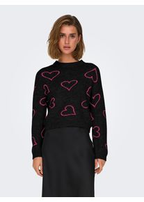 Only Damen Rundhalspullover "ONLHAPPIE LS HEART O-NECK KNT", schwarz, modisch, Gr. XL, gemustert, Strick, Obermaterial: 85% Polyacryl, 15% Polyester,