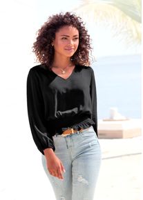 Buffalo Damen Langarmbluse, schwarz, modisch, Gr. 36, unifarben, Web, Obermaterial: 100% Viskose, Blusen, mit breitem Smoksaum, sommerliche