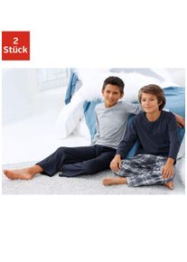 Le Jogger Kinder Pyjama, Gr. 122, blau, Jersey, Obermaterial: 100% Baumwolle, kariert, unifarben, Basic, Homewear-Sets, Schlafanzug in langer Form,