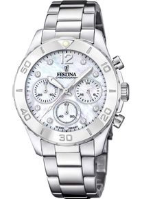 Festina Damen Chronograph, silber, Armbanduhren, Armbanduhr, Quarzuhr, Damenuhr, Stoppfunktion, Edelstahlarmband