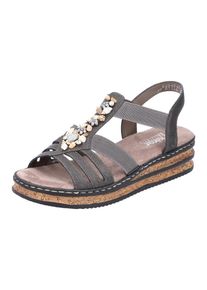 Rieker Damen Riemchensandale, Gr. 42, grau, Lederimitat, feminin, Schuhe, Sommerschuh, Sandalette, Keilabsatz, mit Schmucksteinen besetzt