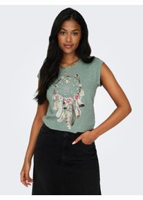 Only Damen Kurzarmshirt "ONLBONE S/S FEEL/FEATHERS TOP", grün, modisch, Gr. S, bedruckt, Jersey, Obermaterial: 100% Baumwolle, Shirts