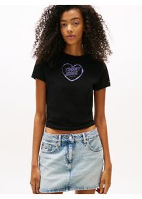Tommy Jeans Damen Kurzarmshirt "TJW SLIM SH HEART TEE", schwarz, casual, Gr. S, unifarben, Single Jersey, Obermaterial: 100% Baumwolle, Shirts