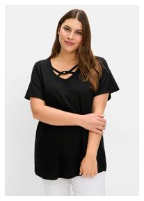 sheego Damen T-Shirt "Große Größen", schwarz, feminin, Gr. 48, unifarben, Obermaterial: 95% Viskose (LENZING ECOVERO), 5% Elasthan, Shirts, mit