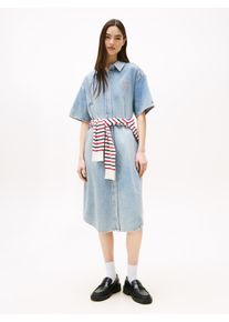 Tommy Jeans Damen Jeanskleid "TJW DENIM SHIRTDRESS SS", blau, casual, Gr. S, unifarben, Denim/Jeans, Obermaterial: 100% Baumwolle, Kleider