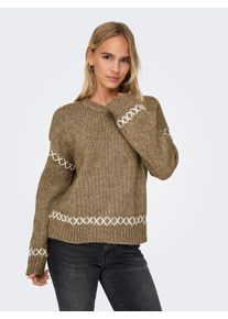 Only Damen Rundhalspullover "ONLAMANDA LIFE LS O-NECK DETAIL CC KNT", braun, modisch, Gr. L, unifarben mit Farbeinsatz, Strick, Obermaterial: 77%