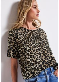 Street One Damen Druckbluse, schwarz, casual, Gr. 44, animal-print, Web, Obermaterial: 60% Leinen, 40% Baumwolle, Blusen, mit Leo-Print und
