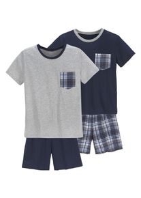 Le Jogger Kinder Pyjama, Gr. 122, blau, Jersey, Obermaterial: 100% Baumwolle, kariert, unifarben, Basic, Homewear-Sets, Hose 1x uni und 1x kariert