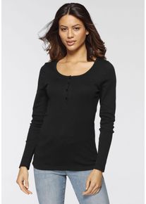 H.I.S. H.I.S Damen Langarmshirt "mit kurzer Knopfleiste", schwarz-weiß, Basic, Gr. 36, unifarben, Feinripp, Obermaterial: 100% Baumwolle, Shirts, aus