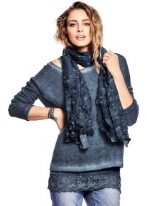 Heine Damen Rundhalsshirt "Rundhals-Shirts", blau, Gr. 48, unifarben, 75% Polyacryl, 25% Polyester, Schal:100% Polyester, Spitze:50% Baumwolle, 10%
