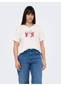 Only CARMAKOMA Damen Kurzarmshirt "CARKITA LIFE SS FOOD JEANS TEE JRS"cloud dancer print:chili, modisch, Gr. M, bedruckt, Jersey, Obermaterial: 100%