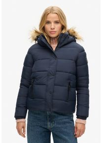 Superdry Damen Steppjacke "FAUX FUR SHORT HOOD PUFFER", blau, casual, Gr. XS, unifarben, Web, Steppware, Obermaterial: 97% Nylon, 3% Polyester.