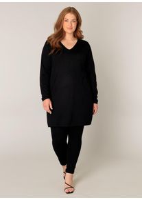 Damen V-Ausschnitt-Pullover "BAS-ANINE-LONG", schwarz, casual, Gr. 54, Base Level Curvy, leicht glänzend, Feinstrick, Obermaterial: 80% Viskose, 20%